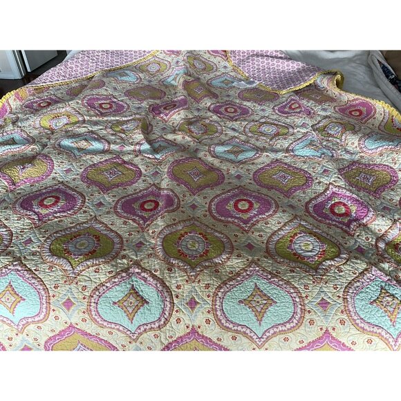 Dena Home Twin Quilt & 2 Shams Pink, Aqua, Yellow & Green Casablanca Moroccan - Picture 10 of 16